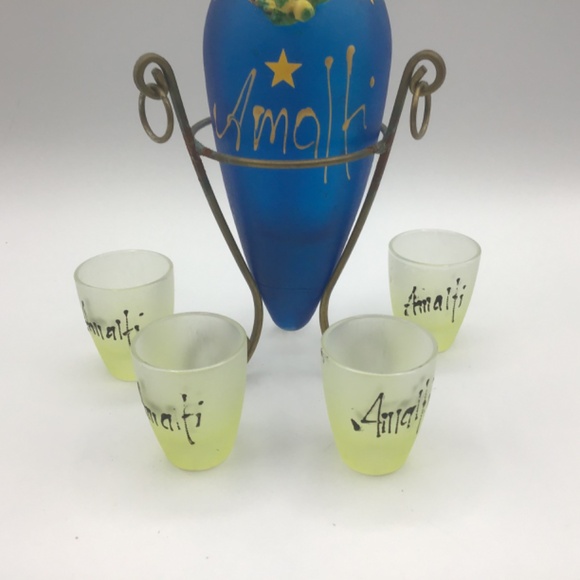 Italian Amalfi Souvenir Glass Amphora/Flask w Metal Stand and 4 Limoncello fr - Picture 4 of 16